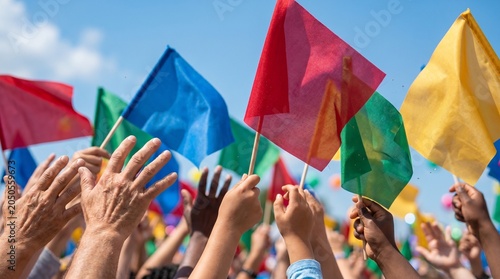 Diverse group of people holding colorful flags in hands waving against blue sky at outdoor summer festival or community celebration event