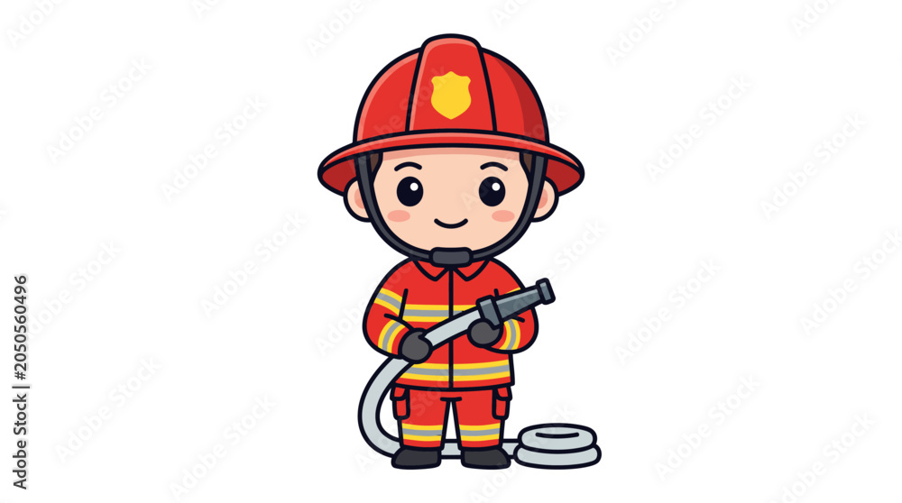 Fototapeta premium Firefighter character dressed in protective equipment prepares to manage a fire emergency situation.