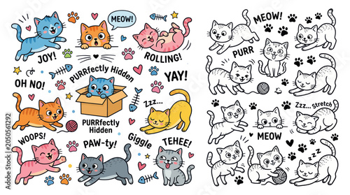Bild auf Leinwand Cute Cartoon Cats Collection: Playful Kittens, Expressions, and Paw Prints