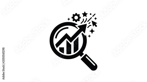 Obraz na plátně magnifying glass over bar chart silhouette arrow stars gear icon vector black