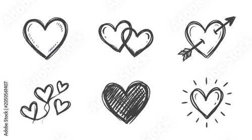 Fotografie Hand Drawn Hearts Collection: Love Symbols, Valentine's Day Icons