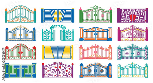 Canvastavla Colorful Wrought Iron Gates Collection Vector Illustration On White Background