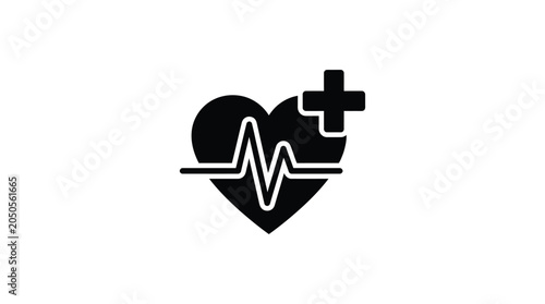 Quadro su tela heart with cross and ecg line silhouette medical healthcare cardiology pulse bea