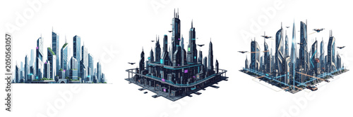 Tableau sur toile Futuristic City PNG Set, Three 3D Sci-Fi Megacity Skylines and Cyberpunk Archite