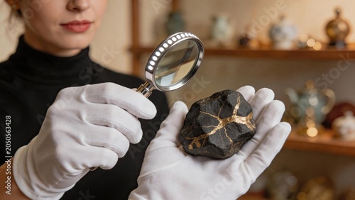 Expert geologist inspecting gold ore rock with magnifying glass, mineral exploration concept, precious metal discovery and valuation process in professional laboratory or museum