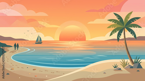 Scenic tropical beach sunset illustration with palm tree sailboat and couple walking on the shore