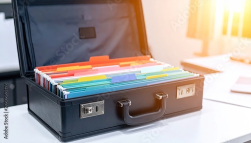 Briefcase open on a white desk, filled with colorful file folders, bright sunlight