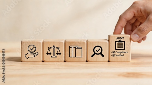 Audit compliance verified checklist on wooden blocks, quality control assurance concept, legal regulation standards and certification process for business governance and risk