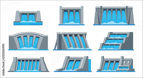 Картината върху платно Hydroelectric dams collection vector illustration with blue water flow dam