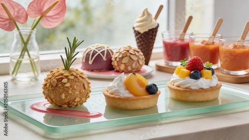 Assortment of gourmet desserts on glass tray, fruit tarts, chocolate truffles, ice cream cone, colorful sweet pastries for party catering or cafe menu