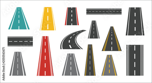Tablou pe pânză Road segment collection vector illustration with white lane markings on colored