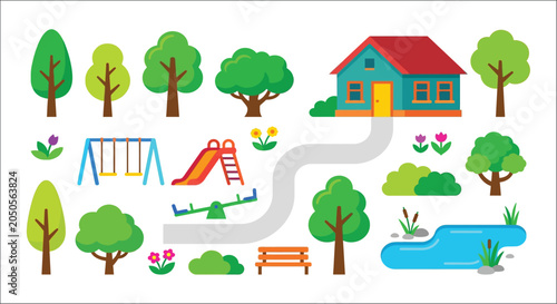 Fotografie Playground elements and trees a colorful vector illustration on a white backgrou