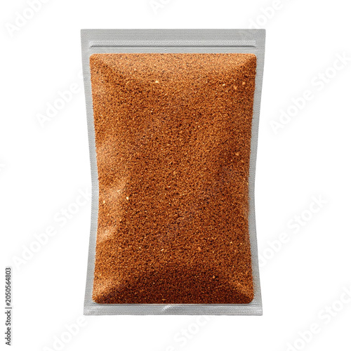 Transparent Plastic Sachet with Ground Brown Powder Spice Isolated on Transparent Background