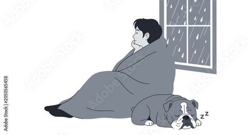 Photos Person wrapped in blanket by window with sleeping bulldog rainy day
