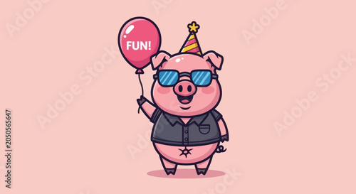 Fotografia A cartoon pig with shades and a party hat holds a balloon with FUN! on it