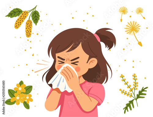 Girl Sneezing from Pollen Allergy, Birch and Ragweed Allergy, Seasonal Allergy Concept, Child with Tissue, Hand Drawn Vector Illustration
