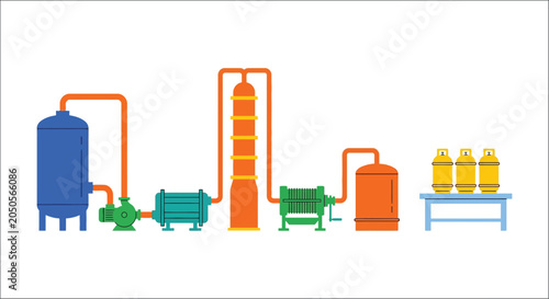 Fotografie Industrial distillation apparatus with tanks and pumps flat vector illustration