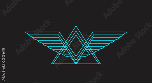 Geometric logo with wings, triangles, and lines in bright blue on a dark background