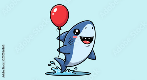 Cartoon shark leaping from water, holding a red balloon, smiling. Light blue background