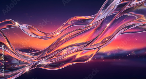 Sunset Liquid Glass Background with Transparent Orange Pink Gradient and Crystal Refractions