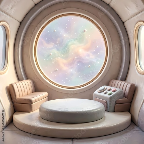 3D clay style illustration of a futuristic spaceship capsule interior