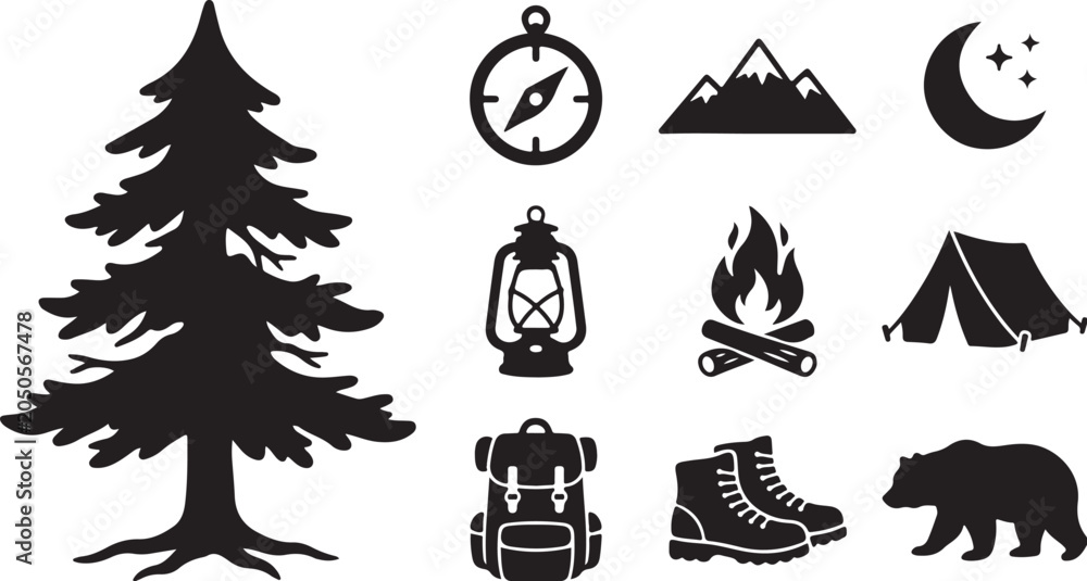 Obraz premium Camping and hiking icons and symbols in black silhouette