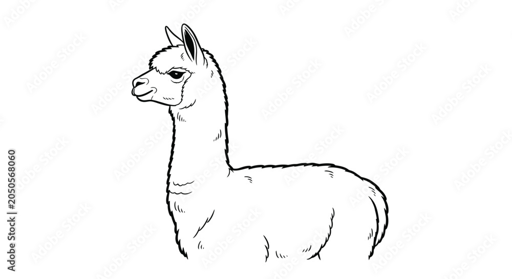 Naklejka premium Line Drawing Of An Alpaca Standing Side Profile On White Background