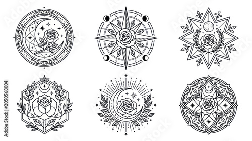 Fotografie Esoteric Symbols Set: Celestial Rose, Compass, Moon Phases, Mandala Designs