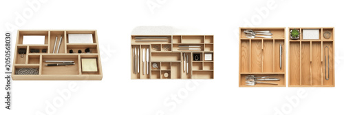 Foto Wooden drawer organizer set, bamboo cutlery tray png, kitchen utensil divider st
