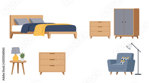Quadro su tela Modern Bedroom Furniture Set - Bed, Wardrobe, Dresser, Armchair, Lamp, Side Tabl