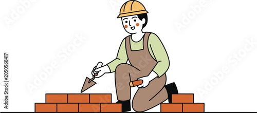 Schilderij op canvas Young construction worker in hard hat building brick wall with trowel