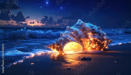 Glowing seashell on a beach at dusk, waves lapping, starry sky background