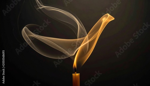 Lit candle with flowing smoke against a dark background, highlighted by warm light
