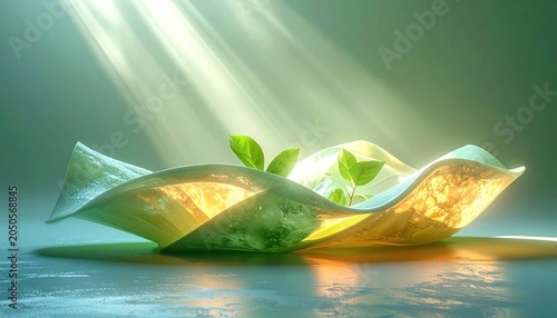 Delicate, translucent bowl cradles sprouting leaves, bathed in ethereal light and shadows