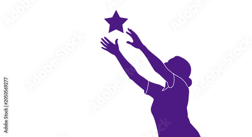 Bilde på lerret Purple silhouette woman reaching for a star on white background