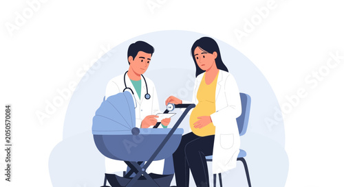 Doctor examines pregnant woman and baby stroller, healthcare concept