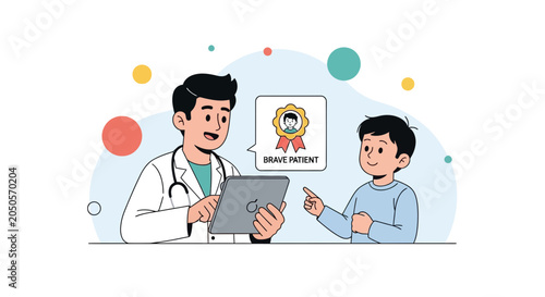 Doctor giving award to brave child patient on tablet, medical illustration