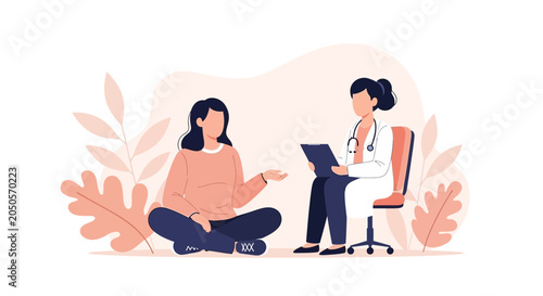 Doctor listening to patient explaining symptoms during consultation with plants background
