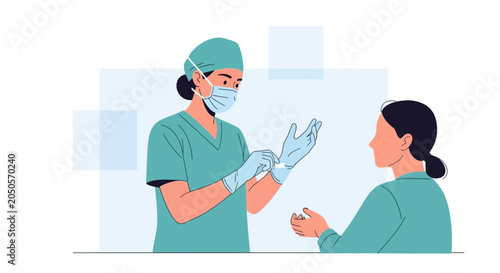 Doctor or Nurse Putting On Gloves, Preparing for Examination