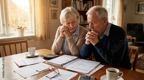 Concerned Seniors Reviewing Finances: An elderly couple sits at a table, poring over documents with worried expressions, a calculator and coffee cups nearby.