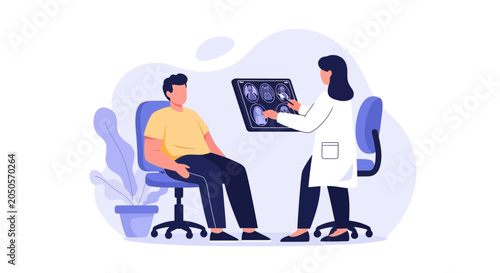 Doctor showing MRI scan to patient, medical consultation, healthcare illustration