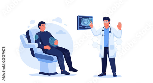 Doctor Shows Ultrasound of Pregnant Man with Digital Belly Scan