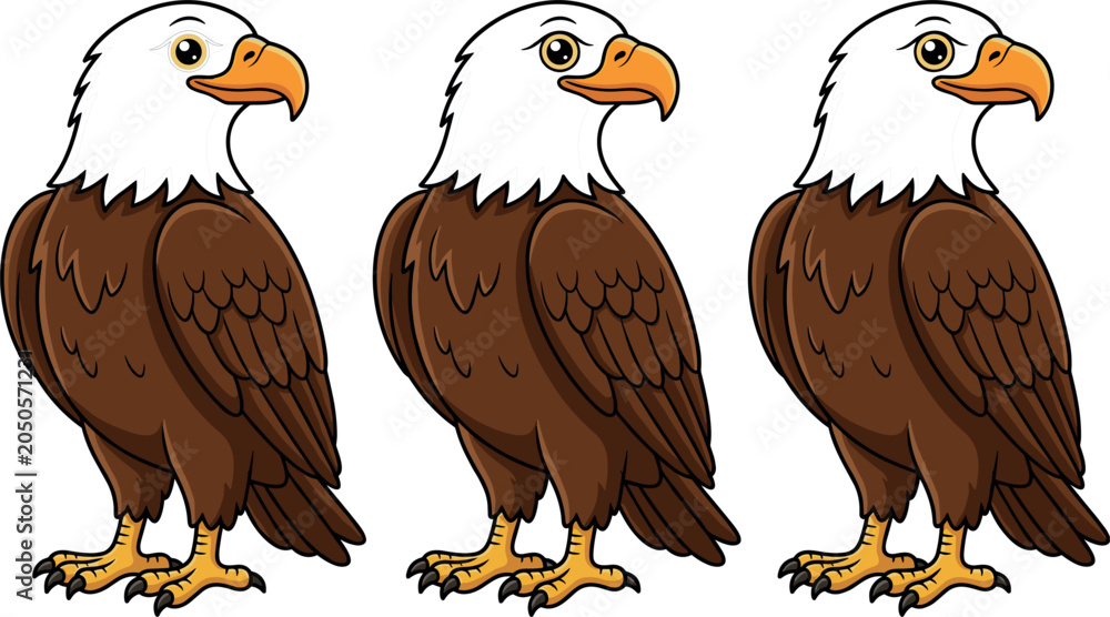 Naklejka premium Cute bald eagle cartoon character mascot set featuring three patriotic American raptor birds standing isolated on a white background graphic elements.