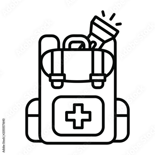 Minimalist line art icon of emergency backpack with medical cross and flashlight for survival and disaster preparedness kit vector illustration