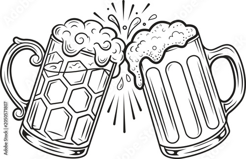Two Beer Mugs Clinking Line Art Vector - Cheers and Toasting Illustration