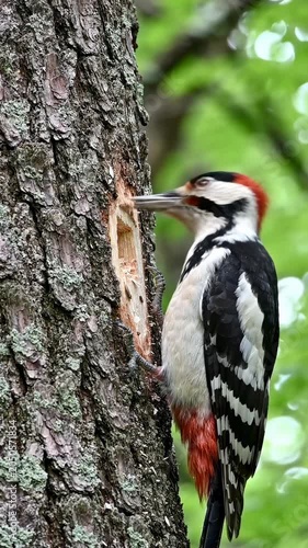 A green woodpecker pecking at tree bark.