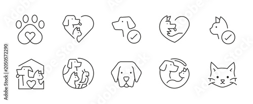 Minimalist pet care line icons, set of 10 animal welfare vector symbols, modern dog and cat shelter branding elements for veterinary clinics