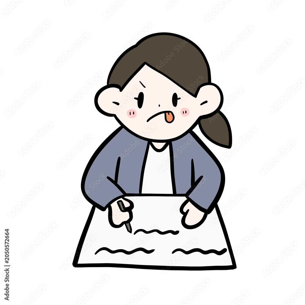 Obraz premium Cute businesswoman working hard on documents with focus, kawaii office illustration