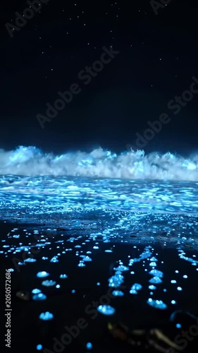 Glowing ocean waves at nighttime beach.