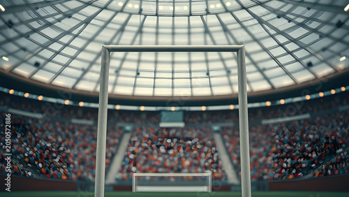 Goal Post Uprights, Soccer Football Stadium Blurred Seats Background. Sports Arena Perspective, Green Field View, Game Day Setting, Competitive Sport